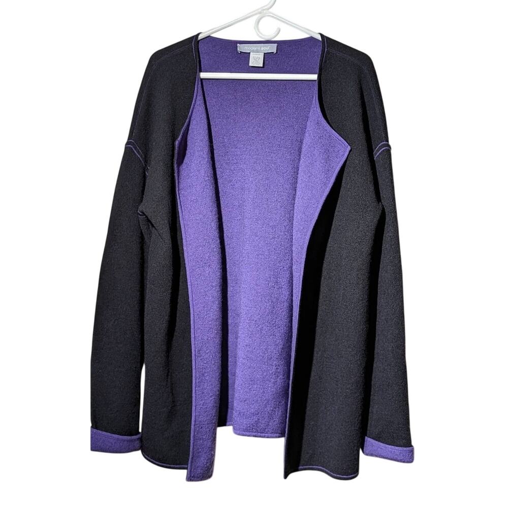 Modern Soul Open Front Black Wool Blend Cardigan w/ Purple Trim Size L